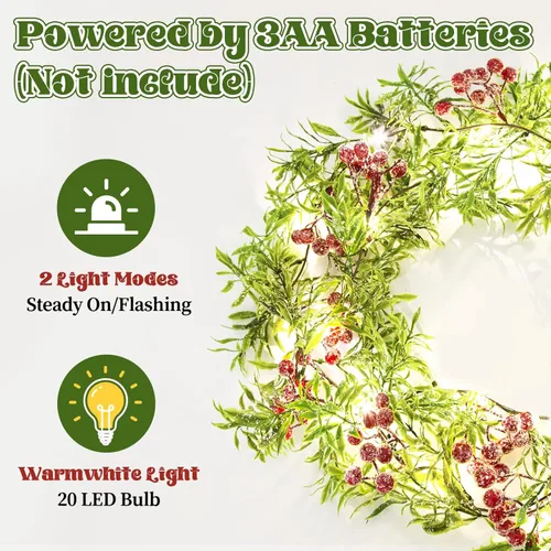 Miniatura 3 de Guirnalda de Navidad con Luces 5.9 Pies Guirnalda de Navidad con Bayas Rojas Hojas de Acebo Verdes Guirnalda Pre-Iluminada para Decoración