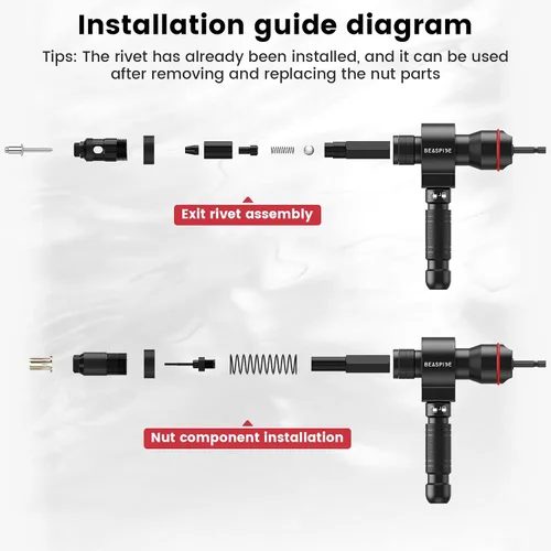 Miniatura 5 de Beaspire Adaptador de pistola de remache eléctrica sin cable para taladro, kit de adaptador de tuerca de remache 2 en 1 con 7 mandriles métricos
