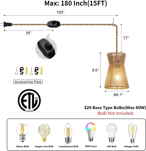 Miniatura 2 de Lámpara Colgante Enchufable de 15 pies con Cable, Interruptor Regulable, Lámpara Colgante de Ratán con Mimbre Tejido a Mano, Candelabro Enchufable