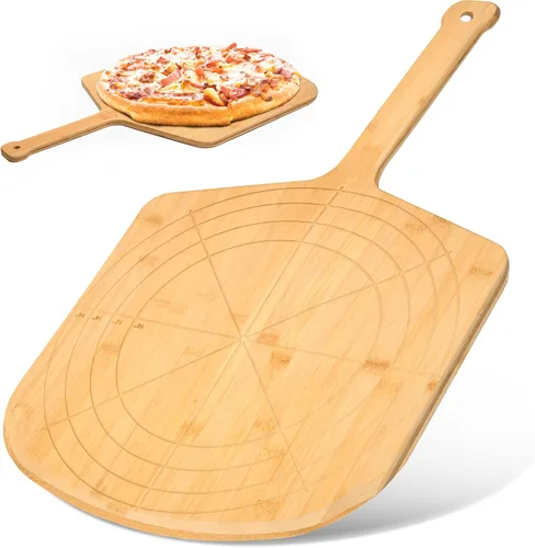 Pizarra de madera de 16 pulgadas con tamaños grabados, tabla de cortar de pizza de bambú multiusos, cáscara de pizza de madera, espátula de pizza y