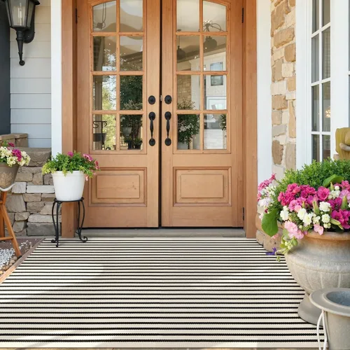Miniatura 14 de KIMODE - Alfombra de algodón tejida con diseño a rayas en color negro, para puerta de entrada, cocina, decoración de estilo rústico