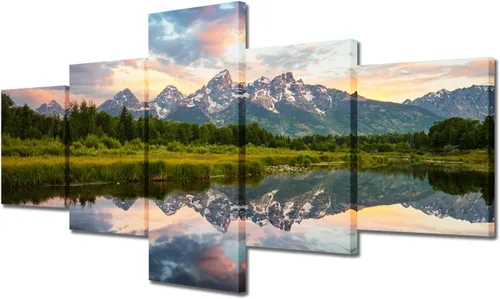 Miniatura 17 de TUMOVO Lienzo decorativo para pared de sala de estar, 5 paneles de naturaleza, Alaska, Estados Unidos, autopista alrededor de montañas, paisaje
