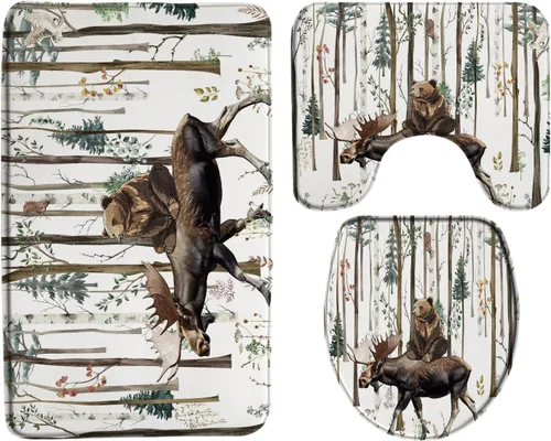 Miniatura 6 de Misty Forest Deer 2 piezas tablero de madera animales salvajes alce rústico naturaleza niebla caza cabaña árbol selva alfombra de baño en forma de U
