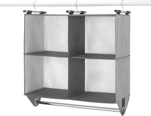 Whitmor Estantería organizadora de armario de tela de 4 secciones con barra de ropa de cromo incorporada Gris claro + gris oscuro