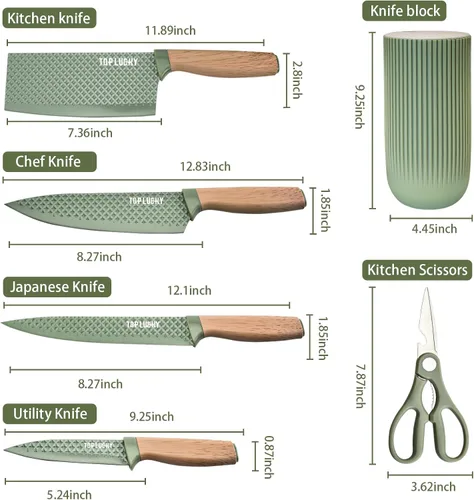 Miniatura 8 de Juego de cuchillos de cocina, 6 piezas, juego de cuchillos profesionales verdes con bloque de cuchillos universal, juego de cuchillos súper afilados