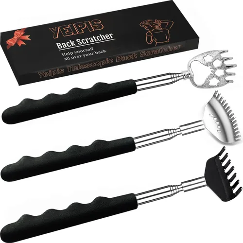 Yeipis Paquete de 3 rascadores de espalda diferentes de metal portátil telescópico con asas de goma, herramienta de masajeador de espalda extensible