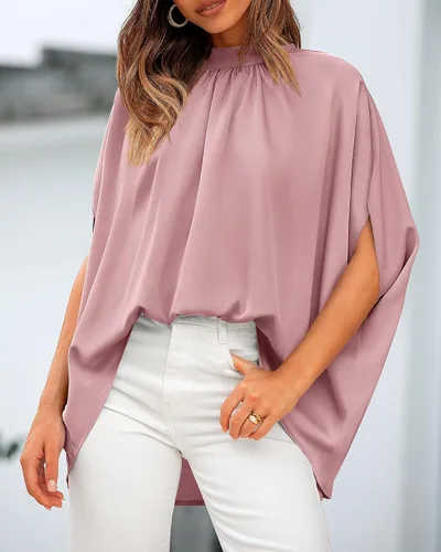 Miniatura 57 de BTFBM Blusas de verano para mujer, cuello alto falso, manga murciélago, holgadas, dobladillo alto y bajo, blusas informales de gran