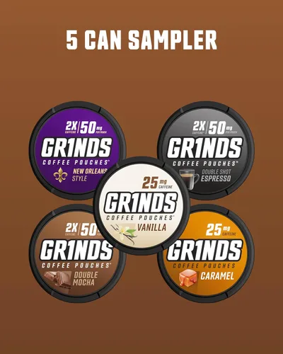 Miniatura 3 de Bolsas de café Grinds 5 latas de muestra Espresso doble, vainilla, New Orleans, doble mocha, caramelo cada bolsa equivale a 1/4 taza de café