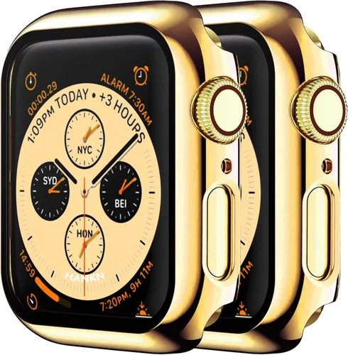 Paquete de 2 fundas rígidas compatibles con Apple Watch Series 6, 5, 4, SE, de 1.575 pulgadas, protector de pantalla de vidrio templado, cobertura