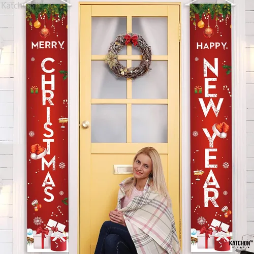 Miniatura 8 de KatchOn, Cartel de Feliz Navidad – 72 x 12 pulgadas, paquete de 2 Cartel de Feliz Año Nuevo para decoraciones de Año Nuevo 2025 Cartel de puerta