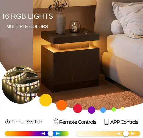Miniatura 6 de Juego de 2 mesitas de noche con 2 cajones de madera, moderna mesita de noche LED para dormitorio LED Night Stand set 2,Night Stands set of 2 for