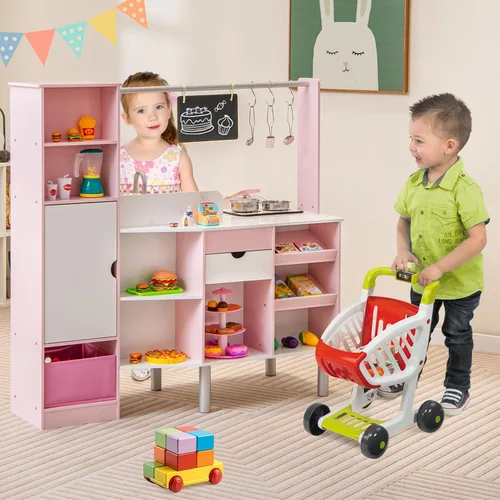 Miniatura 8 de Costzon Juego de cocina 2 en 1 para niños y tienda de comestibles, cocina de juego de simulación de doble cara con luz y sonido, máquina de hielo