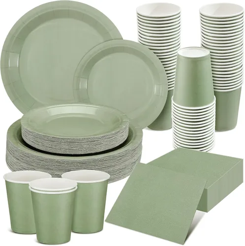 Dandat Juego de 200 platos y servilletas de papel verde salvia, vajilla desechable que incluye platos de papel de 7 y 9 pulgadas, vasos, servilletas