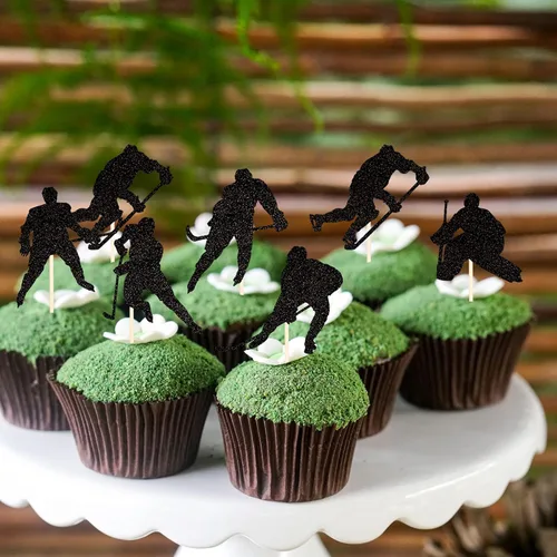 Miniatura 5 de 24 piezas de decoración de hockey para cupcakes, jugadores de hockey con purpurina negra, para cupcakes, hockey sobre hielo, temática deportiva