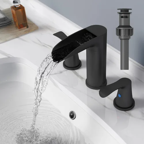 SINGSUO Grifos de baño para fregadero de 3 agujeros, grifo de baño de cascada de 8 pulgadas con boquilla giratoria de 360 grados, grifo generalizado
