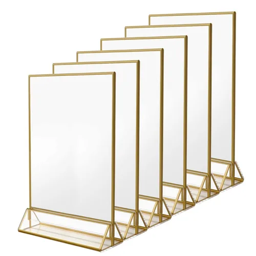 Miniatura 12 de NIUBEE Paquete de 6 soportes de acrílico transparente de 4 x 6 con bordes dorados y soporte vertical, soportes de menú de mesa de doble cara marcos