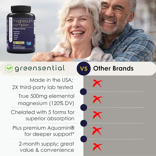 Miniatura 8 de Greensential Complejo de magnesio 500 mg Suministro de 2 meses Glicinato, Malato, Citrato, Óxido y Aquamin® Apoyo para dormir, músculos