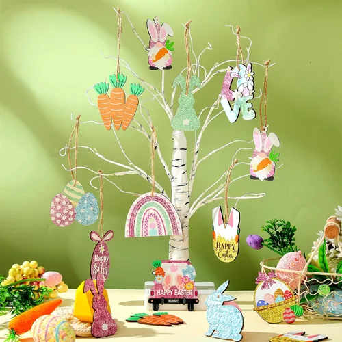 Miniatura 2 de Kathfly 32 piezas de adornos de Pascua para árbol pequeño de madera, decoraciones de Pascua feliz, huevos de conejo, adornos colgantes de gnomo