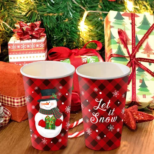 Miniatura 5 de CIOEY Vasos de papel desechables de Navidad, diseño de muñeco de nieve rojo y negro, diseño de búfalo para Feliz Navidad, decoraciones de fiesta