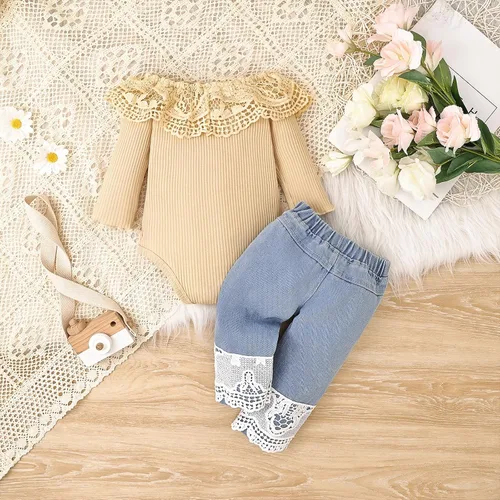 Miniatura 39 de Conjunto de ropa de bebé niña para bebé, mameluco de encaje blanco de manga larga + pantalones de mezclilla