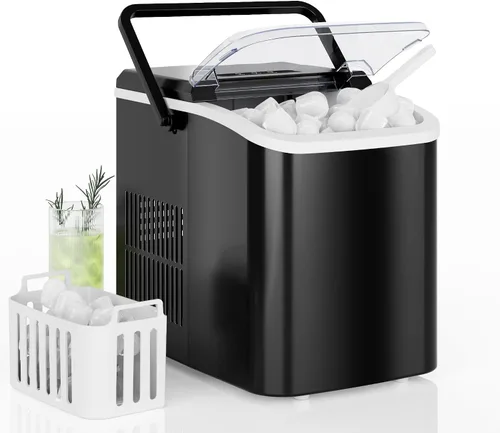 DUMOS Máquina de hielo para encimera con asa, máquina de hielo portátil de 26 libras/24 horas, 9 cubos de bala listos en 6 minutos, autolimpiante,