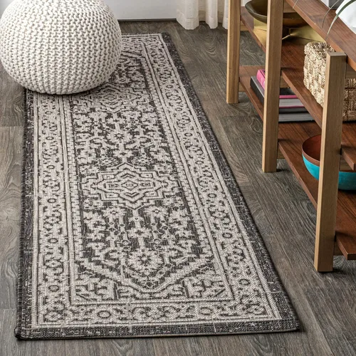 Eyely BMS101D-28 - Alfombra de pasillo con textura de medallón de Santa Mónica Slesi, para interiores y exteriores, estilo costero, bohemio, Gris /