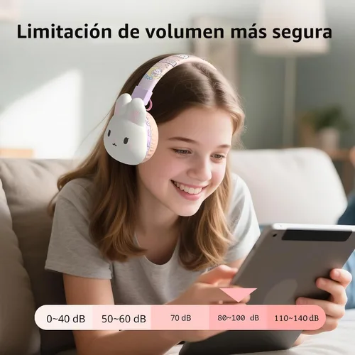 Miniatura 2 de Auriculares Bluetooth para niños, límite de volumen de 85 dB, ultra suaves sobre la oreja, micrófono incorporado, plegables, diseño de animales