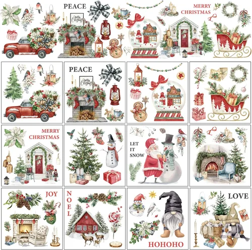 Whaline 12 hojas de calcomanías de transferencia con diseño navideño clásico de acuarela, incluye muñeco de nieve, gnomo, Santa Claus, flores de