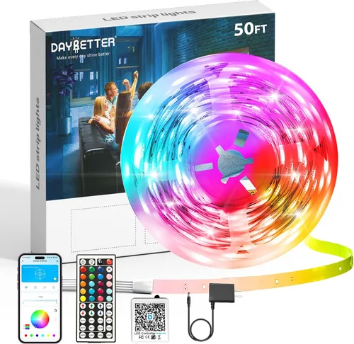 DAYBETTER Tira de luces LED de 50 pies, sincronización de música, tiras de luz LED RGB con control remoto y aplicación, luces LED que cambian de