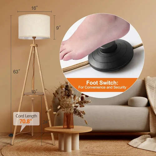 Miniatura 24 de OUTON - Lámpara de pie de trípode de madera con estantes, lámpara de pie de mediados de siglo con control remoto, 4 temperaturas de color, lámpara