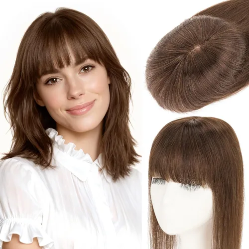 Miniatura 13 de Rich Choices Toppers de cabello humano para mujer, 100% real Remy con flequillo 3D de 360°, densidad del 150% mejorada, 3.5 x 4.7 in, base de encaje