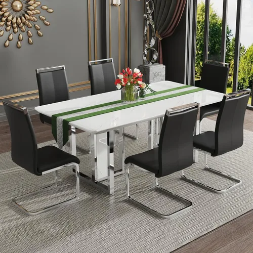 Miniatura 23 de Juego de mesa de comedor moderno de 67 pulgadas para 6, juego de mesa de cocina blanca, juego de mesa de comedor de lujo con mesa de mármol