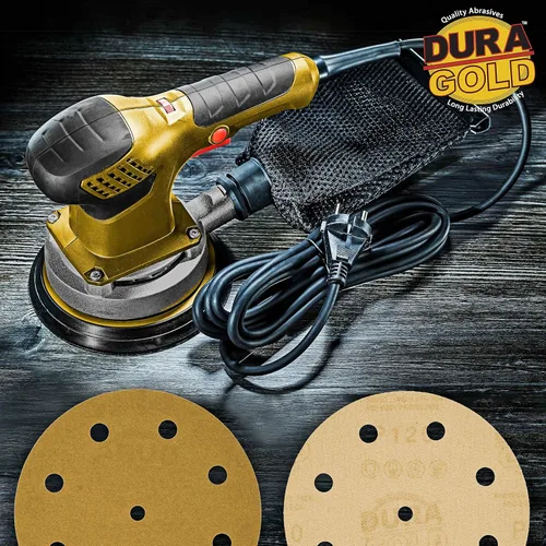 Miniatura 5 de Dura-Gold Discos de lijado dorados de 5 pulgadas de alta calidad, grano 120 (caja de 50), papel de lija de gancho y bucle sin polvo con patrón de 9