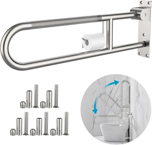 Miniatura 11 de Munzong - Barra de agarre para inodoro en forma de U de 32 pulgadas, riel de soporte antideslizante blanco, barra de agarre abatible para baño