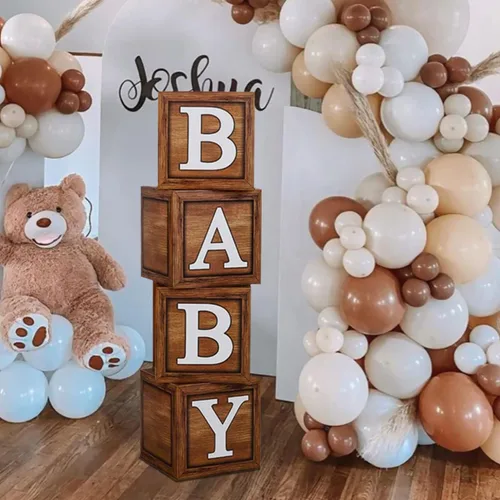 Miniatura 5 de Cajas de baby shower para decoraciones de cumpleaños – 4 cajas de globos de bebé de grano de madera marrón, cajas de bebé para decoración de centro