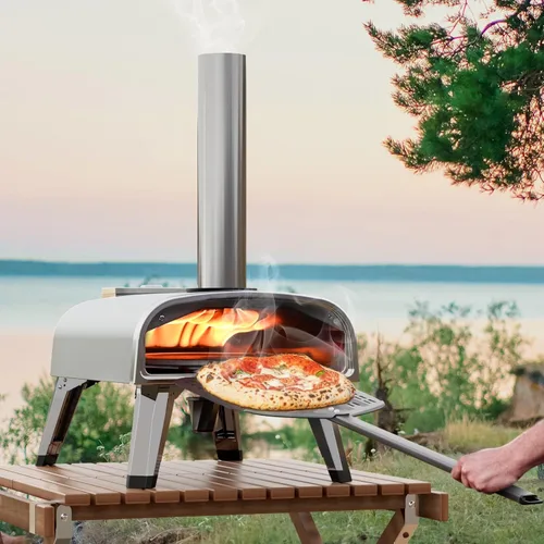 Miniatura 5 de aidpiza Horno de pizza para exteriores de 12" con pellet de madera y piedra para pizza giratoria portátil, a leña, con termómetro incorporado, Gris