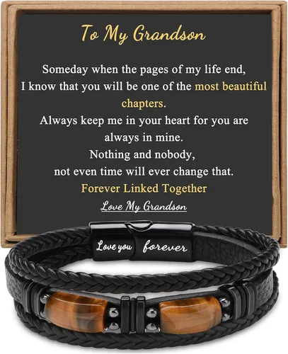 Miniatura 19 de Regalos únicos para hombres, pulsera de cuero para hombres, papá, novio, hijo, nieto, hermano, te amo para siempre, piedra ojo de tigre, día