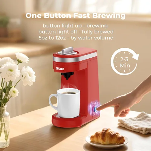 Miniatura 3 de Cafetera Mini CHULUX para Cápsula K, Cafetera de una Sola Porción para Americano de Una Taza, Máquina de Café en Cápsulas Ligera, Roja Rojo