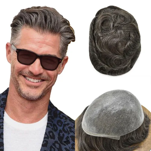 Miniatura 18 de Tupé de piel ultra fina para hombres pieza de cabello humano real sistema de reemplazo 0.002 in Mens Toupee Hairpiece para hombres V-Loop 8x10 80%