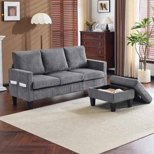 Miniatura 11 de VINGLI Sofá en forma de L de 68.5 pies con otomana de almacenamiento móvil, sofá modular convertible en tela de pana suave, moderno sillón Negro