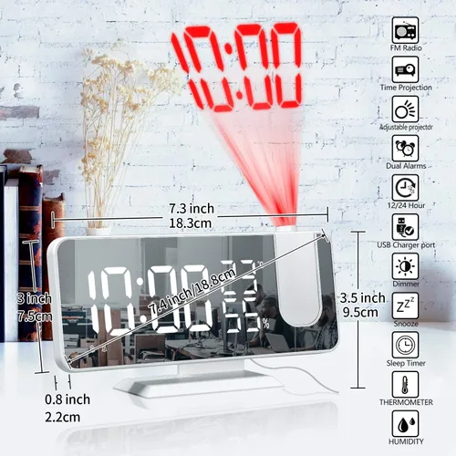 Miniatura 8 de ThreeH Reloj despertador de proyección con cargador USB Proyector giratorio de 180° Reloj despertador con radio FM Pantalla de espejo de 7.4