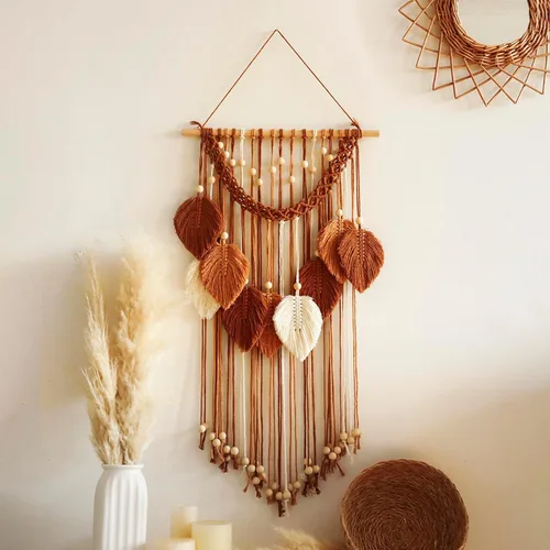Miniatura 7 de Tapiz de hojas de macramé para decoración de pared, tapices tejidos bohemios, arte de pared de hojas de otoño, grandes borlas bohemias, adorno