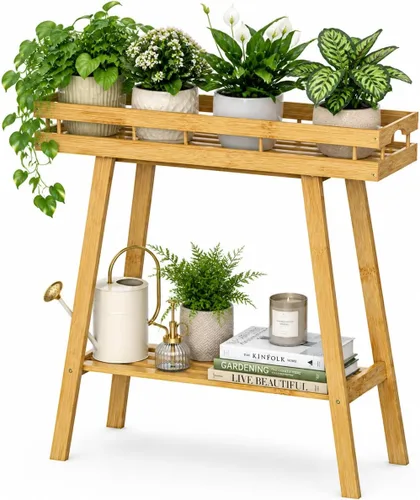 BAMBANG Soporte de bambú para plantas de interior, mesa pequeña de 2 niveles, soporte alto para plantas de interior, estante para plantas de