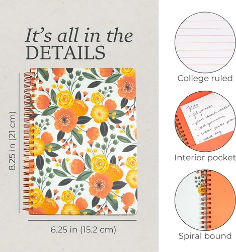 Miniatura 6 de Steel Mill & Co - Cuaderno de espiral mini lindo, 8.25" x 6.25", diario con tapa dura y 160 páginas forradas, diseño floral naranja Anaranjado floral
