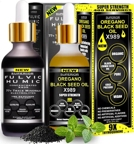 Mezcla mineral húmica fúlvica – 580 porciones | Paquete X935 suplemento de ácido húmico y fúlvico + aceite de orégano X989 con aceite de semilla