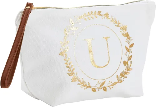 Miniatura 11 de Bolsa de maquillaje personalizada con inicial dorada para mujer, bolsa de cosméticos de lona con monograma, color blanco, Blanco, Dorado, B