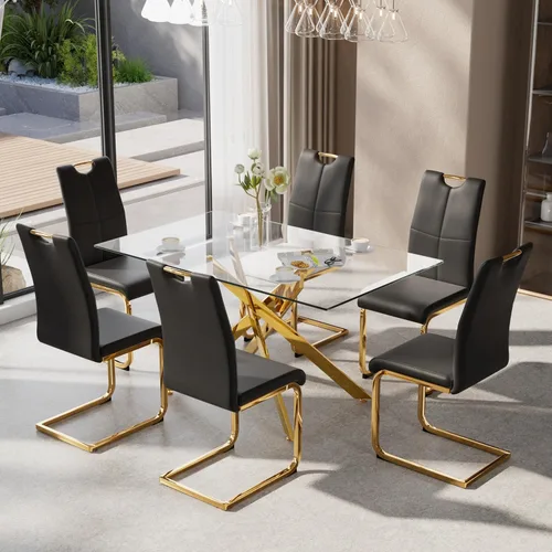 Miniatura 14 de Juego de mesa de comedor de 5 piezas para 4, mesa rectangular moderna de cristal con 4 sillas tapizadas de cuero, juegos de mesa y sillas de comedor