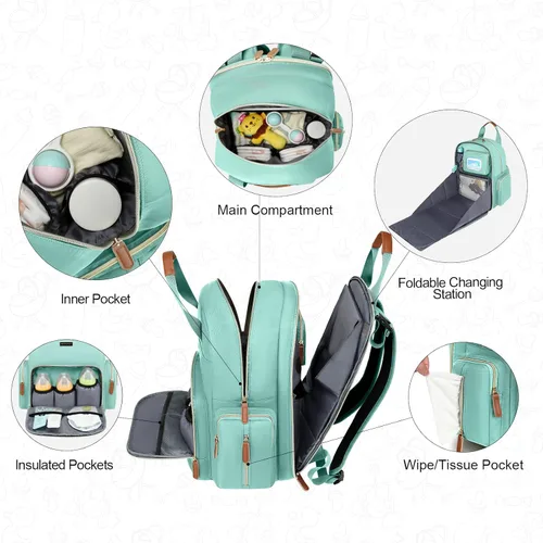Miniatura 4 de Mochila para pañales con cambiador, organizador de bolsas de pañales para mamás, papás, bolsas cambiadoras grandes para bebés Verde claro
