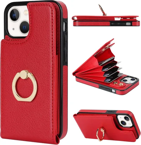 Miniatura 8 de Folosu Funda compatible con iPhone 13 Mini con soporte para tarjetas, rotación de 360°, soporte de anillo de dedo con función atril, protección Azul