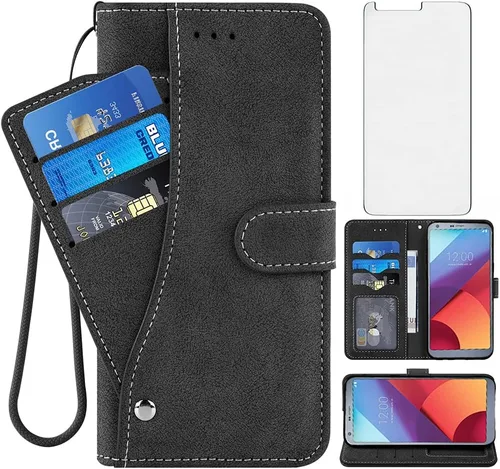 Asuwish Compatible con LG G6 Funda tipo cartera y protector de pantalla de vidrio templado, soporte para tarjetas de crédito, accesorios celulares